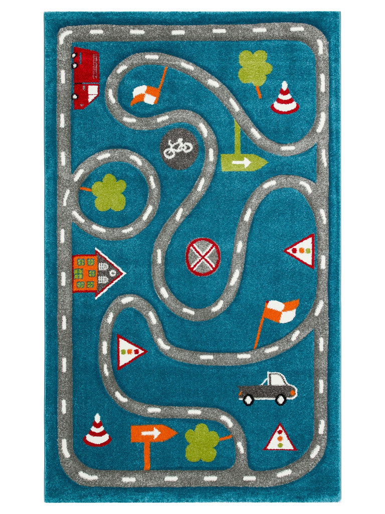 Carpetdocia Kids Eğlenceli Araba Yarışı Temalı Çocuk Halısı 19 BLUE GREY