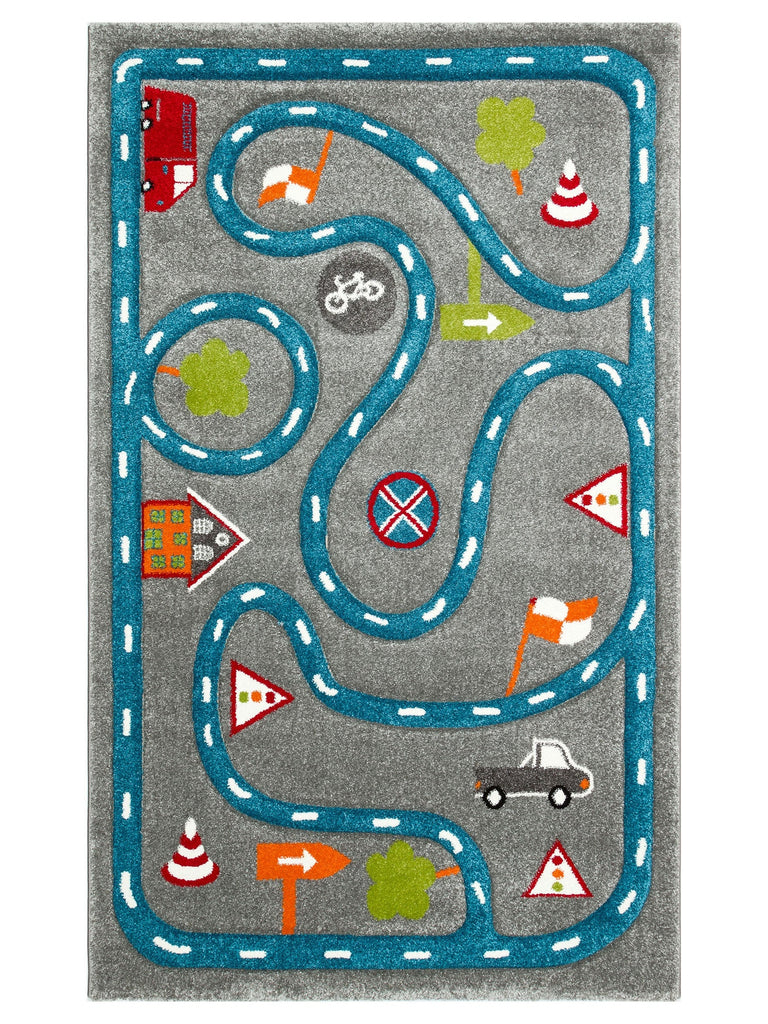 Carpetdocia Kids Eğlenceli Araba Yarışı Temalı Çocuk Halısı 19 GREY BLUE