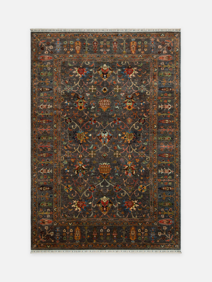 El dokuma Afgan halı füme göçebe çiçeği desenli 210x304 cm kuşbakışı tam görünüm