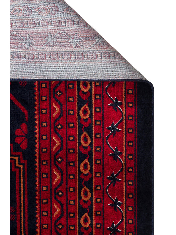 Paghman Serisi Afgan Desenli Viskon Sık Dokuma Kaymaz Tabanlı İnce Makine Halısı 01 NAVY