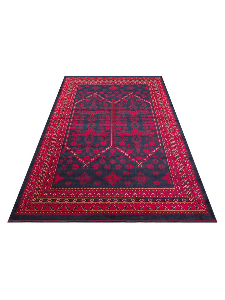 Paghman Serisi Afgan Desenli Viskon Sık Dokuma Kaymaz Tabanlı İnce Makine Halısı 01 NAVY