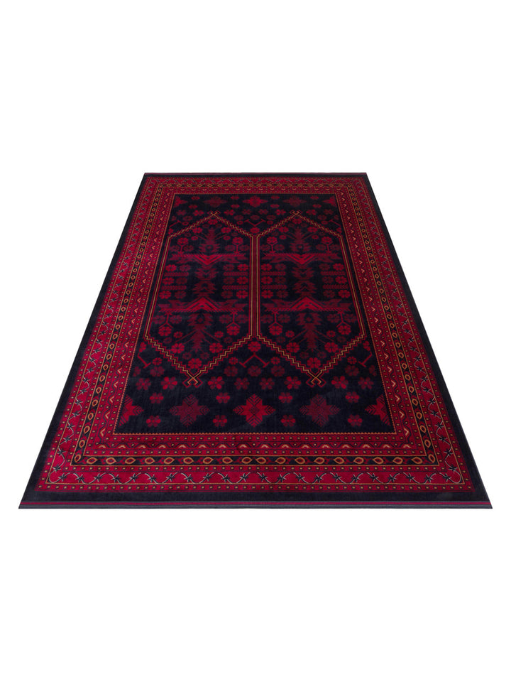 Paghman Serisi Afgan Desenli Viskon Sık Dokuma Kaymaz Tabanlı İnce Makine Halısı 01 NAVY