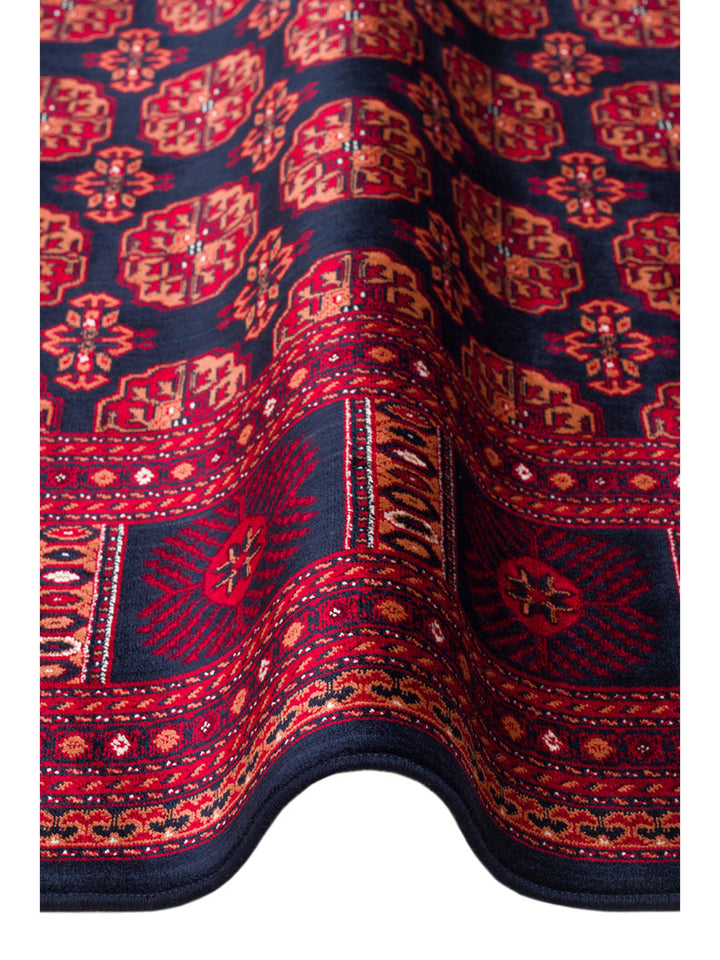 Paghman Serisi Afgan Desenli Viskon Sık Dokuma Kaymaz Tabanlı İnce Makine Halısı 03 NAVY