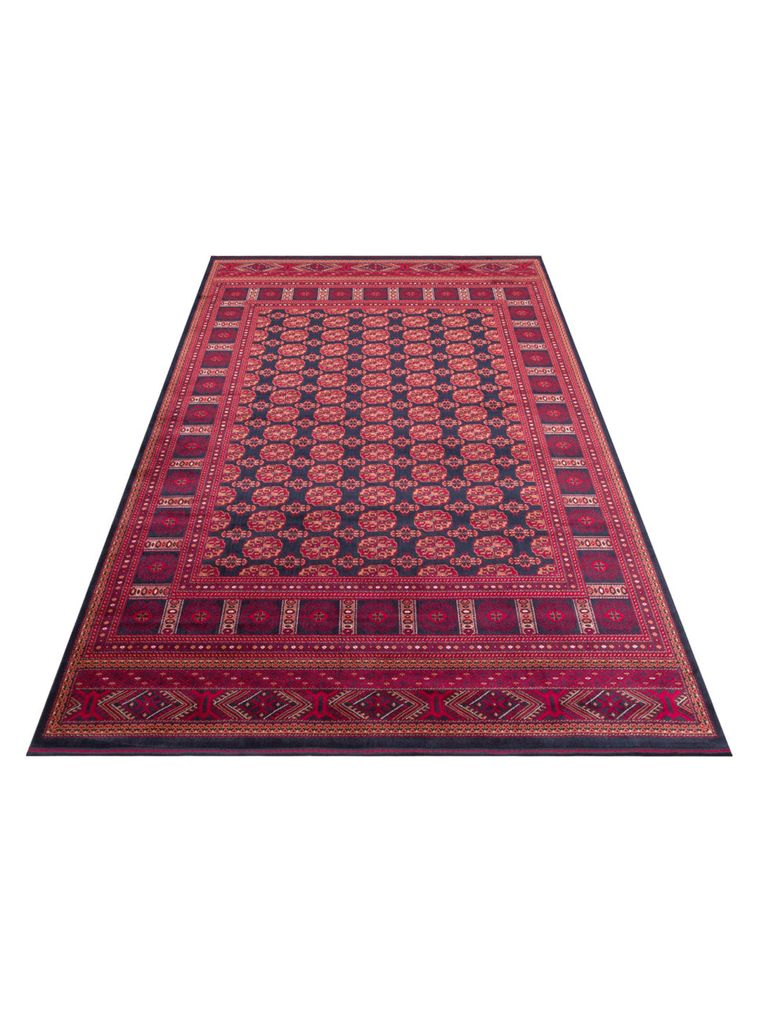 Paghman Serisi Afgan Desenli Viskon Sık Dokuma Kaymaz Tabanlı İnce Makine Halısı 03 NAVY