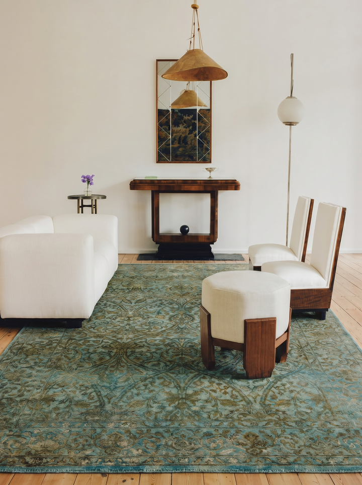 El Dokuma Halı Tek Parça Yün ve İpek Jaipur Lacuna Modern Overdyed Salon Oturma Odası Antik Gök Mavisi - Carpetdocia - kusbakisi