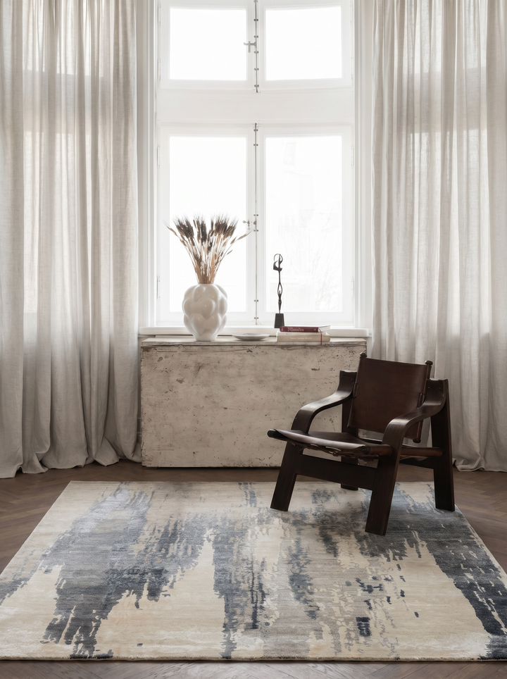 El Dokuma Halı Tek Parça Yün ve İpek Jaipur Modern Soyut Desen Salon Oturma Odası Krem Gri - Carpetdocia - kusbakisi