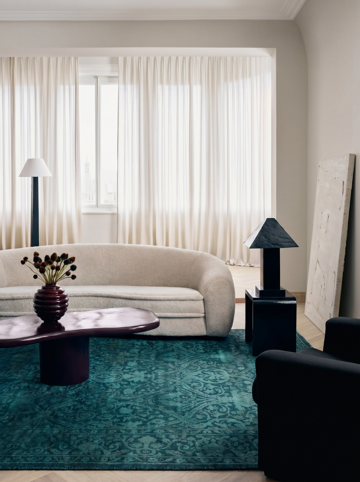 El Dokuma Halı Tek Parça Yün ve İpek Jaipur Lacuna Modern Overdyed Salon Oturma Odası Deniz Mavisi - Carpetdocia - kusbakisi