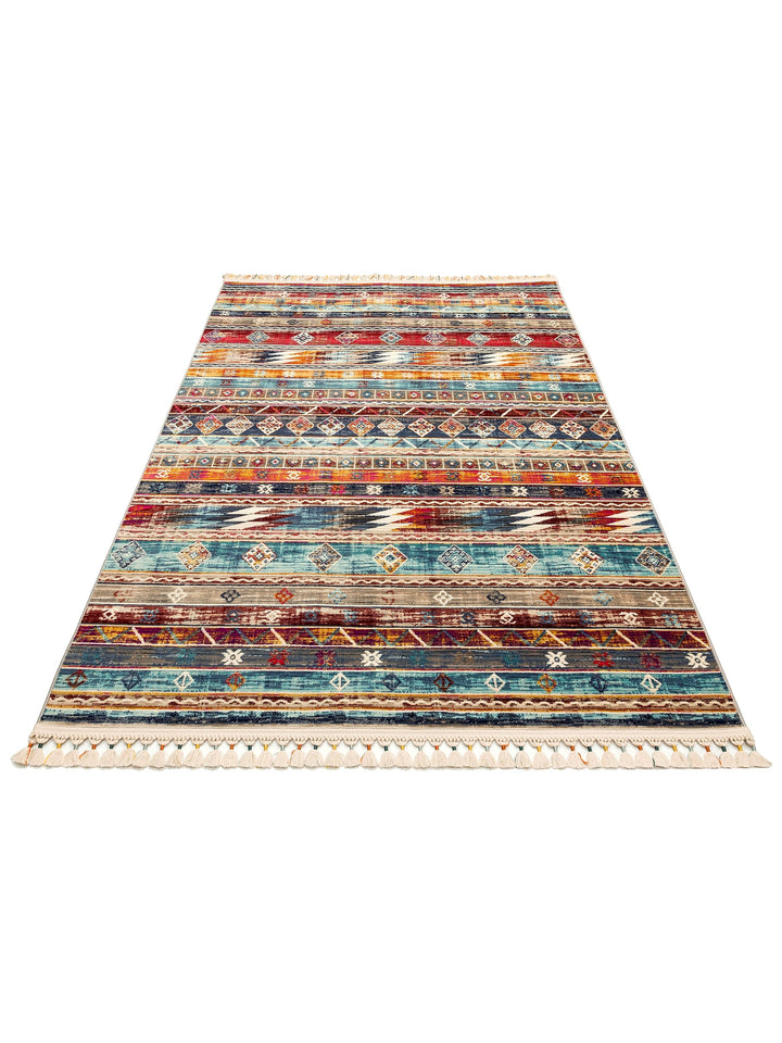 Nil Series Ethnic and Modern Patterned Colorful Fringed Living Room Kitchen Carpet 03 MULTY