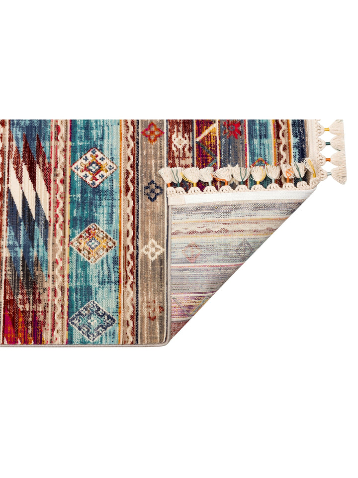 Nil Series Ethnic and Modern Patterned Colorful Fringed Living Room Kitchen Carpet 03 MULTY