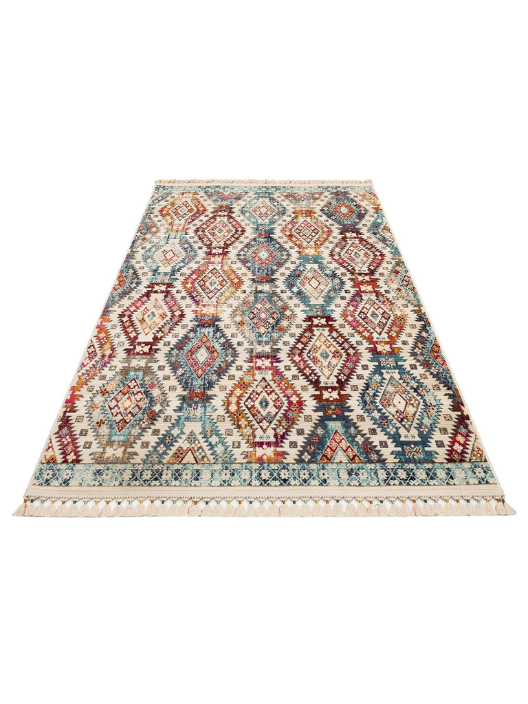 Nil Series Ethnic and Modern Patterned Colorful Fringed Living Room Kitchen Carpet PR 08 MULTY