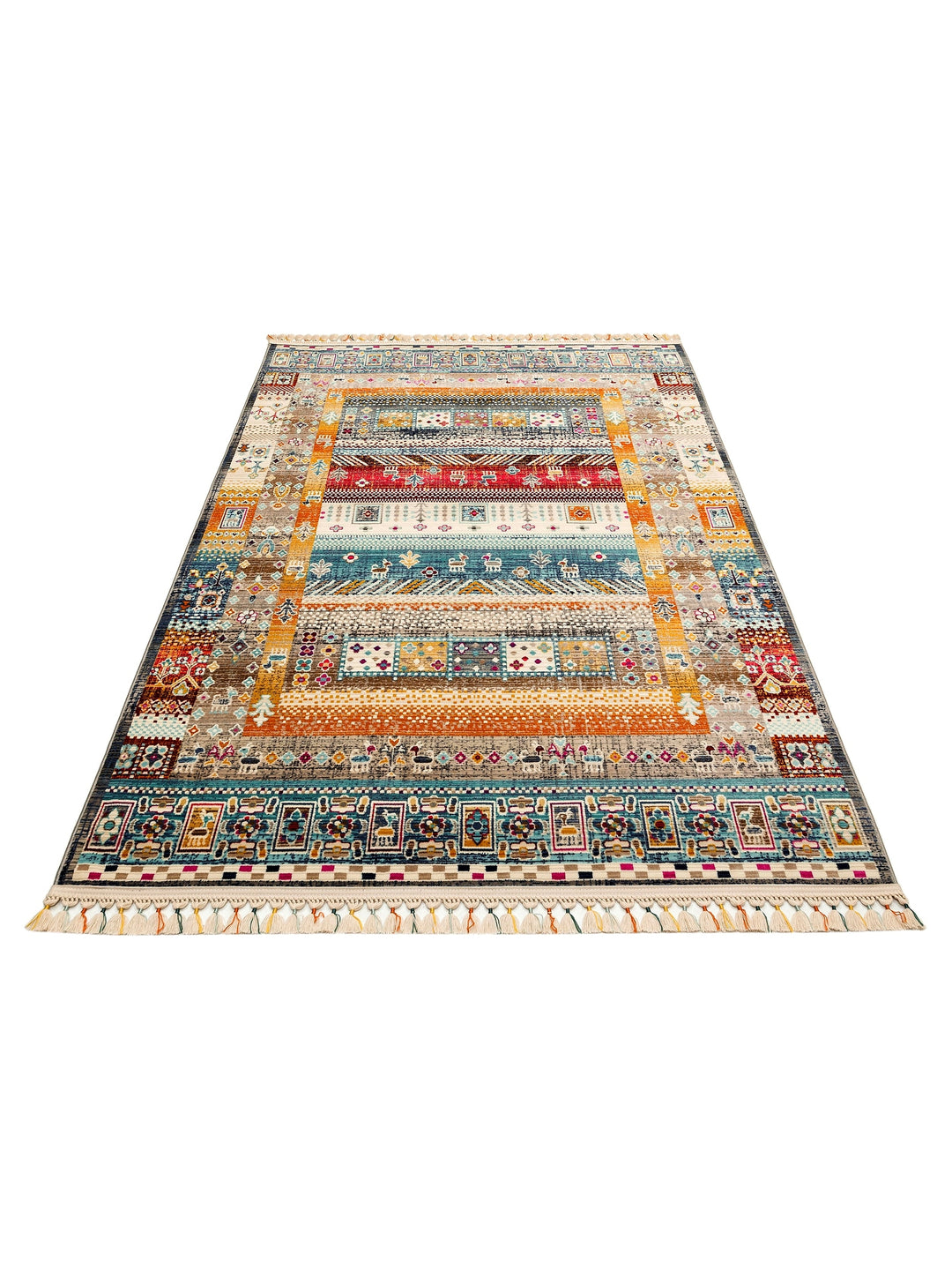 Nil Series Ethnic and Modern Patterned Colorful Fringed Living Room Kitchen Carpet 09 MULTY