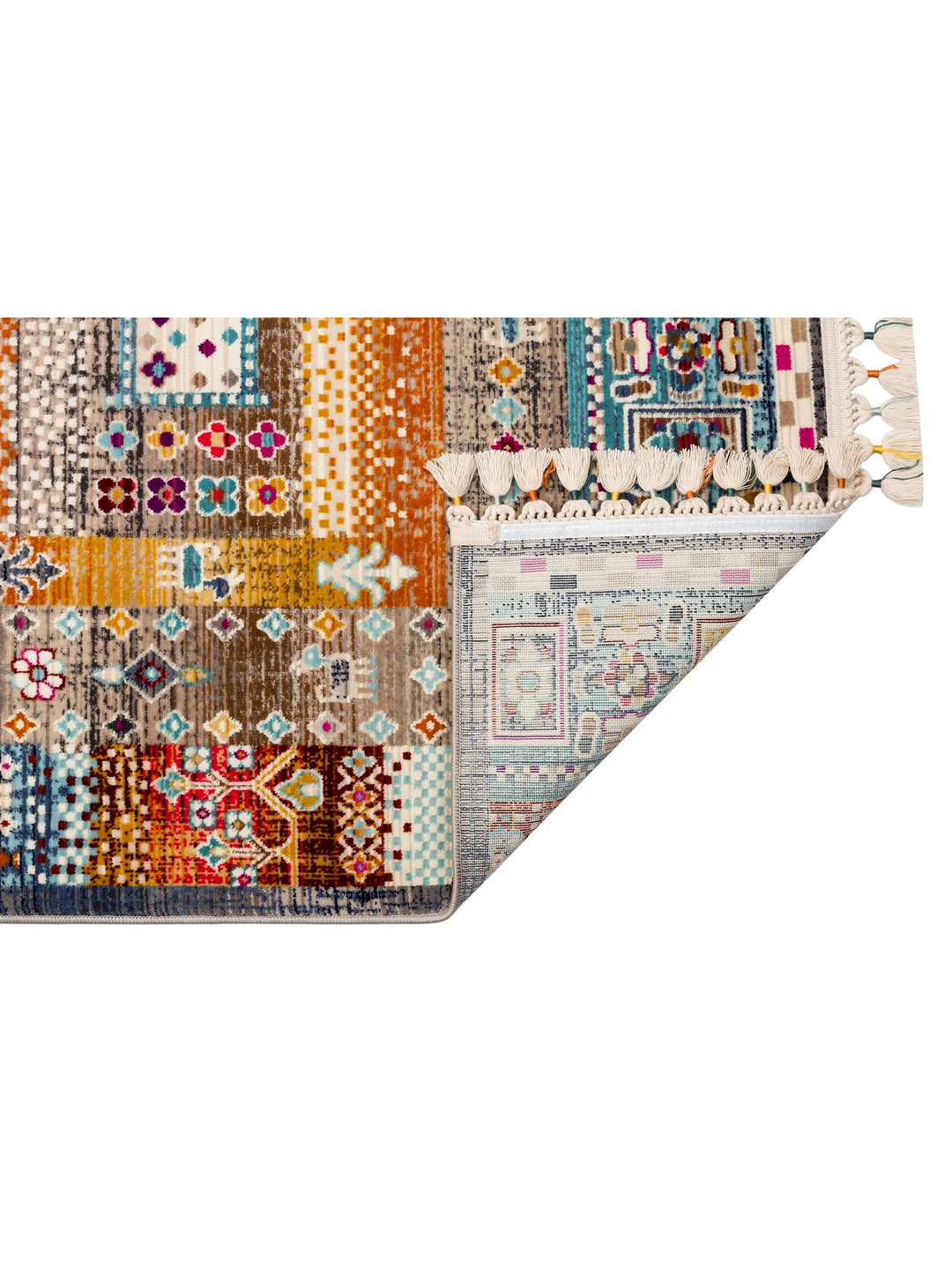 Nil Series Ethnic and Modern Patterned Colorful Fringed Living Room Kitchen Carpet 09 MULTY