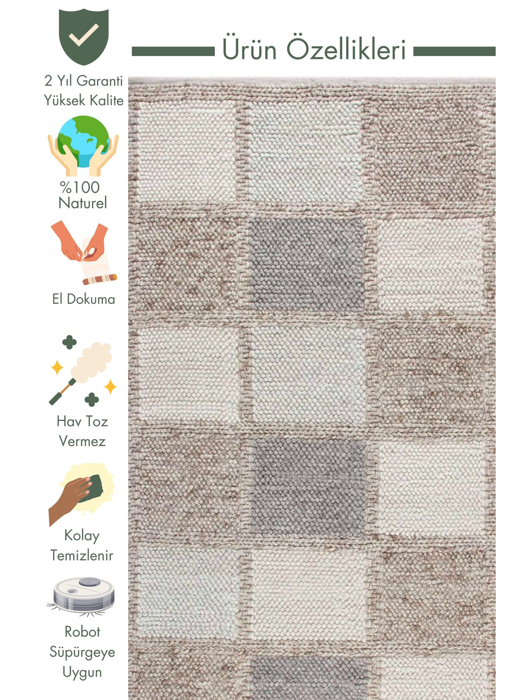 Woolstar 100% Natural Sweater Patterned Living Room Living Room Corridor Entrance Hand Woven Knitted Carpet MARJORY NAT