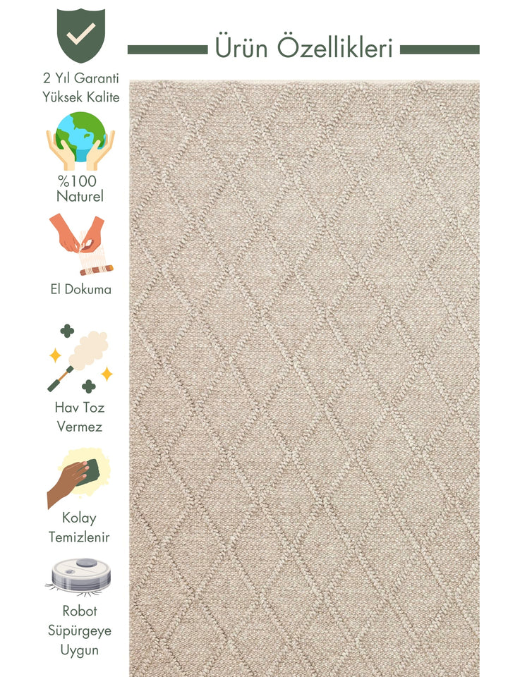 Woolstar 100% Natural Sweater Patterned Living Room Hallway Entrance Hand Woven Knitted Carpet DIAMONDBRWN