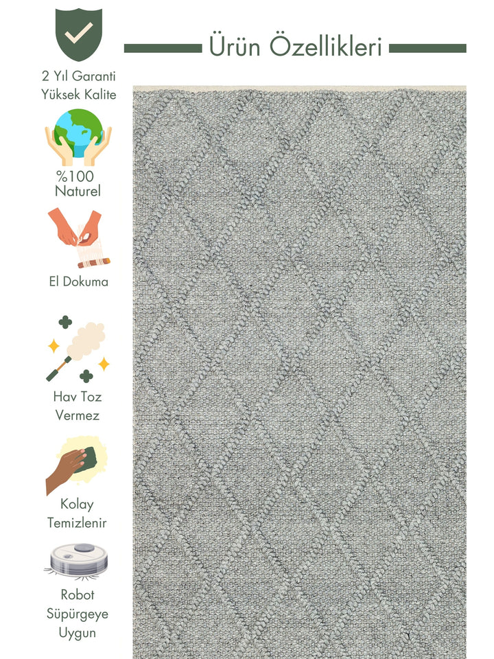 Woolstar 100% Natural Sweater Patterned Living Room Hallway Entrance Hand Woven Knitted Carpet DIAMONDGREY