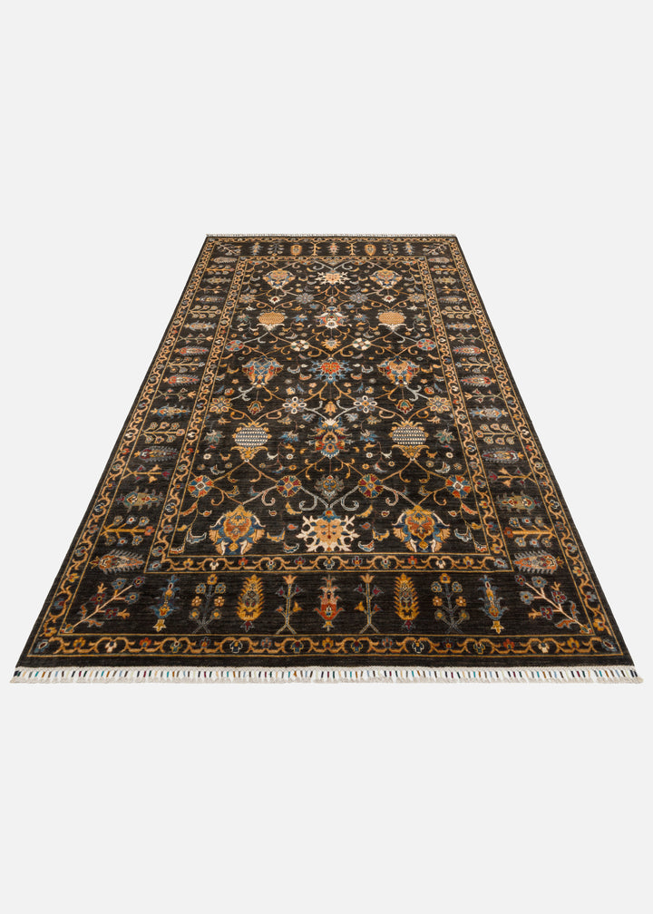 El dokuma Afgan halı antrasit gece bahçesi çiçek 203x299 cm stüdyo çekimi