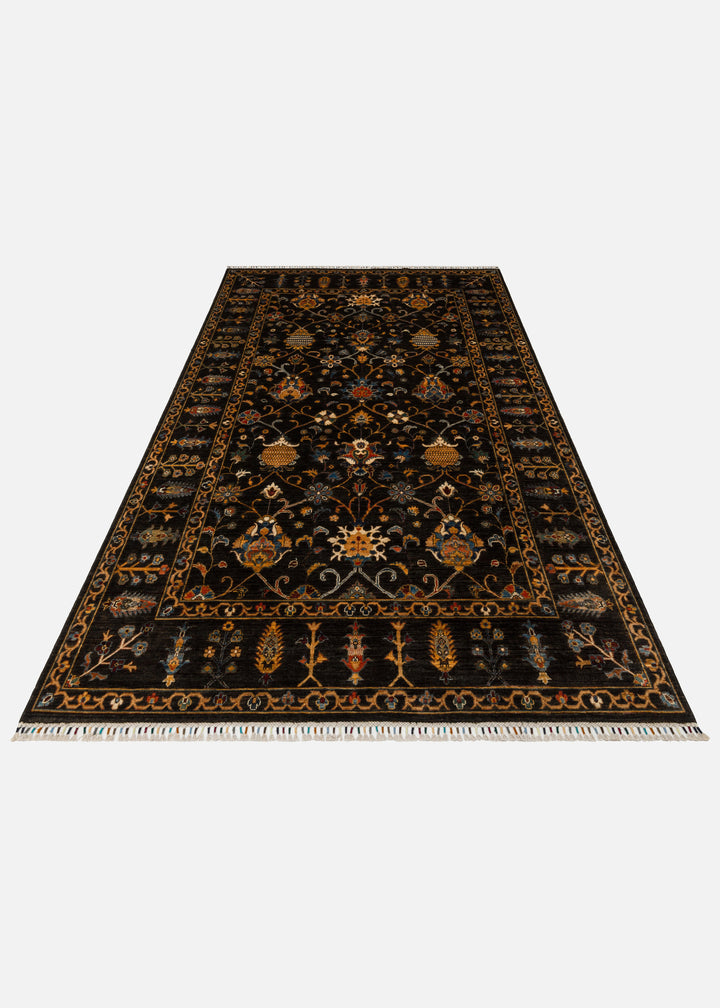 El dokuma Afgan halı antrasit gece bahçesi çiçek 203x299 cm stüdyo çekimi