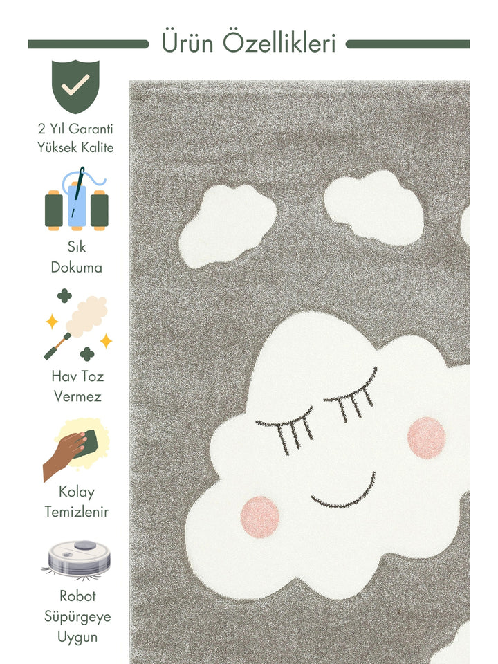 Carpetdocia Kids Fun Cloud Patterned Children's Carpet 09 GREY