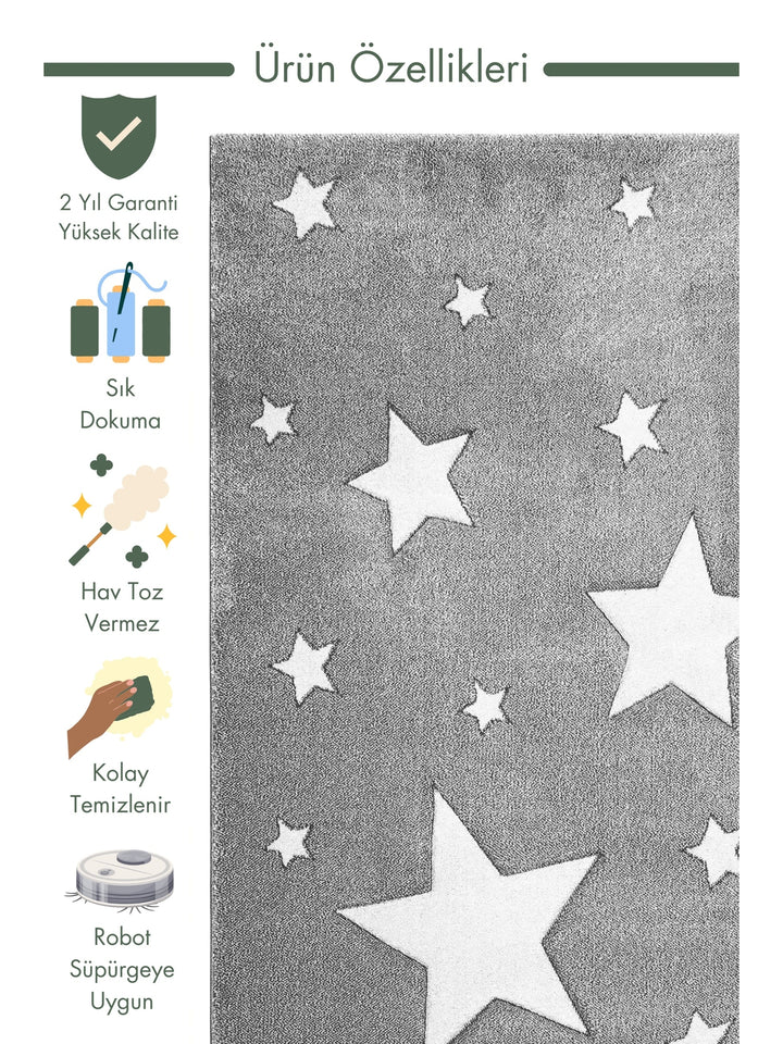 Carpetdocia Kids Fun Star Patterned Children's Carpet 12 GREY