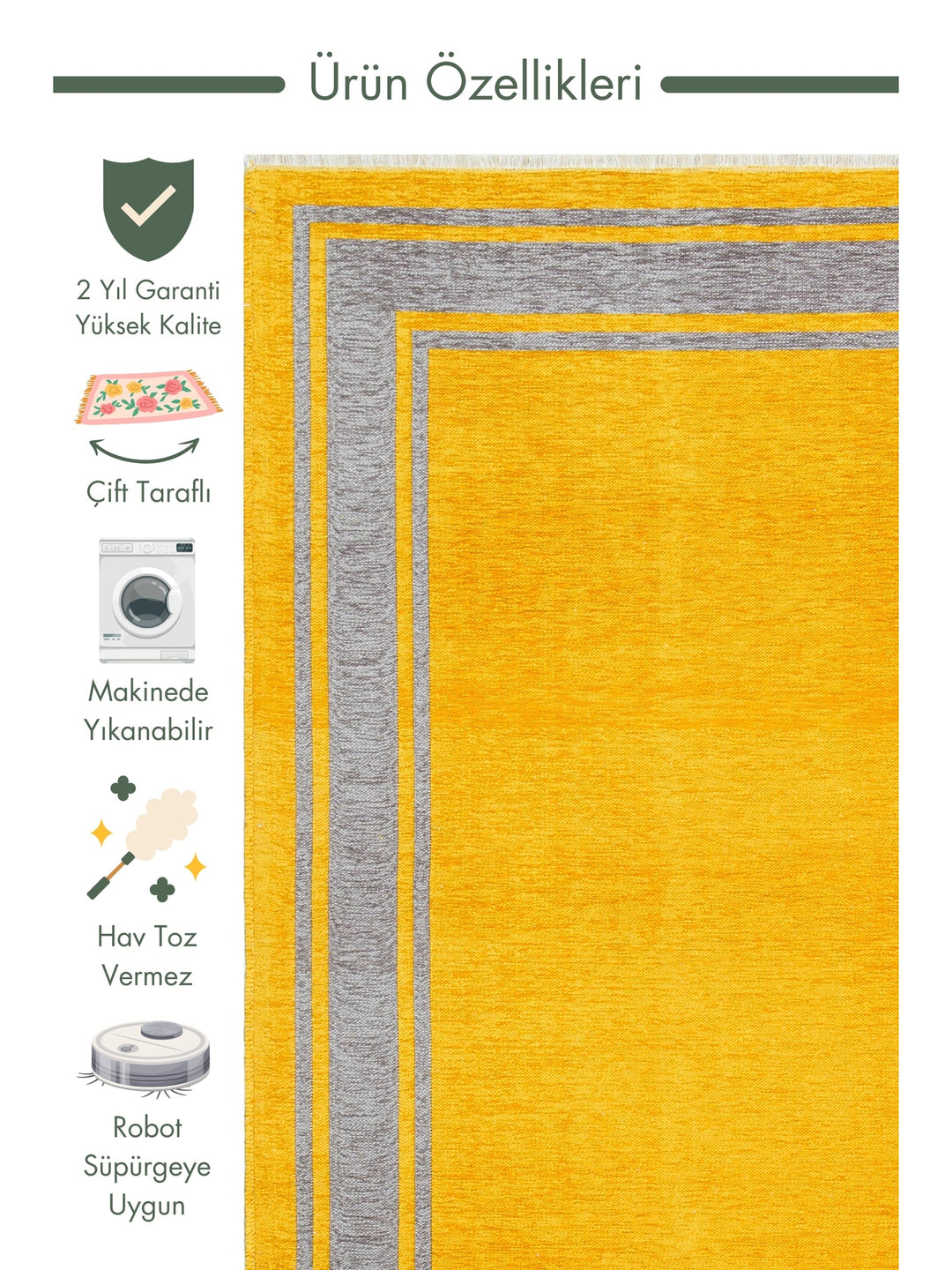 Yellowstone Cotton Washable Double Sided Living Room Hallway Kitchen Scandinavian Rug 06GREYYEL