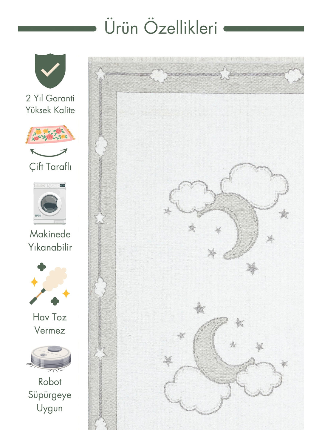 Baby Moon Cotton Washable Double-Sided Soft Textured Thin Children's Baby Room Carpet 01 GREY