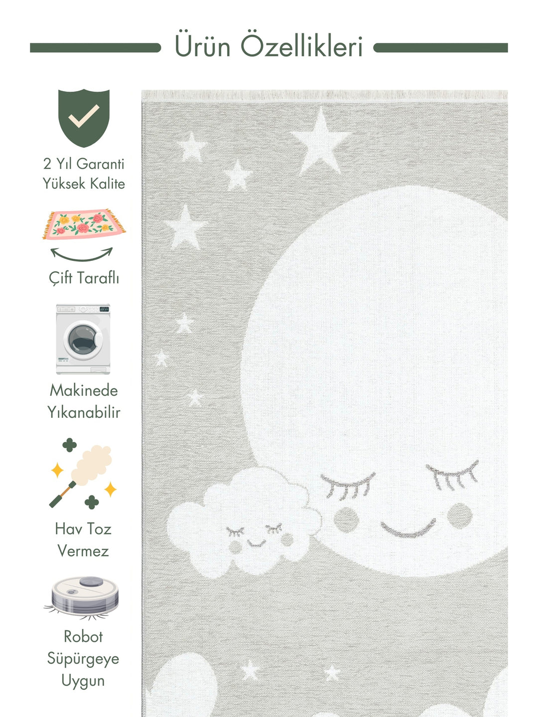 Baby Moon Cotton Washable Double-Sided Soft Textured Thin Child Baby Room Carpet 02 GREY