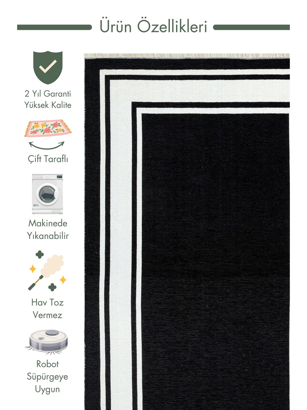 Yellowstone Cotton Washable Double Sided Living Room Hallway Kitchen Scandinavian Rug 06BLCKWHI