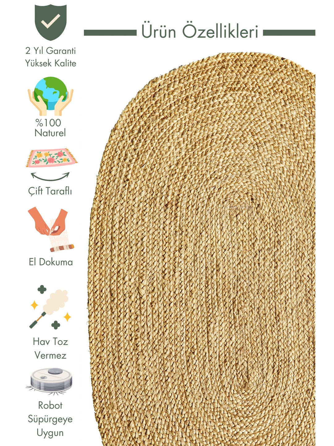 Crown Jute 100% Natural Hand Woven Living Room Corridor Entrance Kitchen Balcony Wicker Carpet 01E NAT