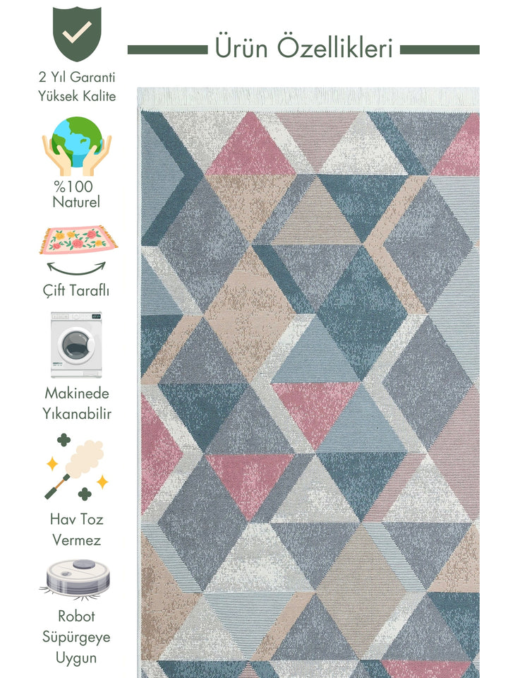 Maya 100% Natural Cotton Washable Double-Sided Living Room Kitchen Hallway Modern Rug 10BLUEPINK