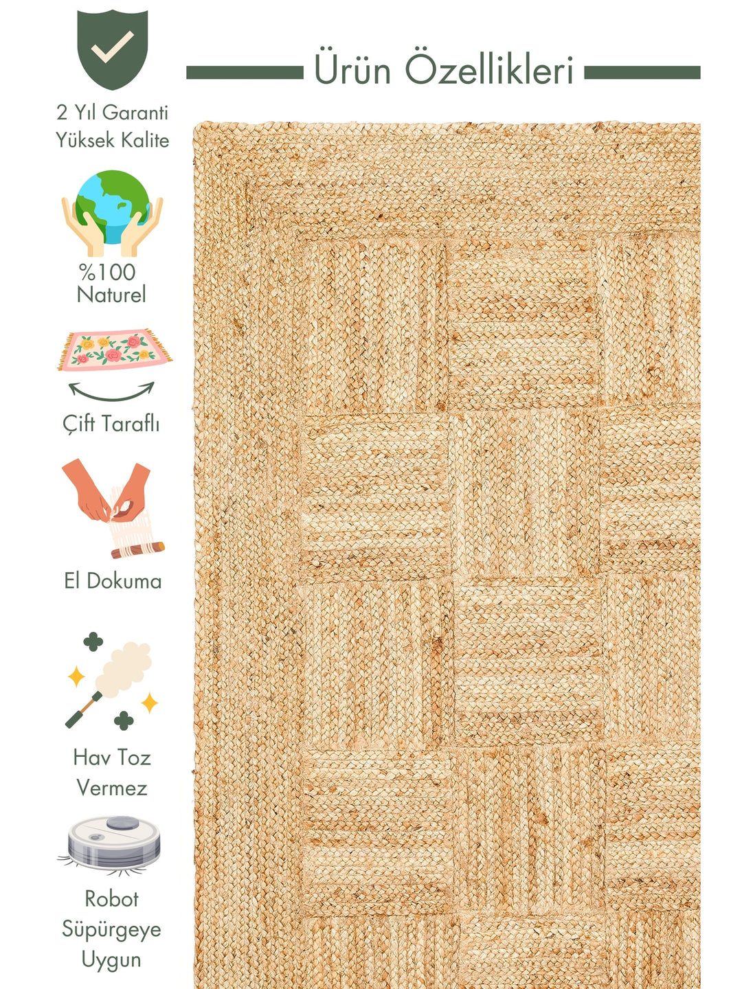 Crown Jute %100 Natural Hand Woven Living Room Corridor Entrance Kitchen Balcony Wicker Carpet 06 NATURAL XW