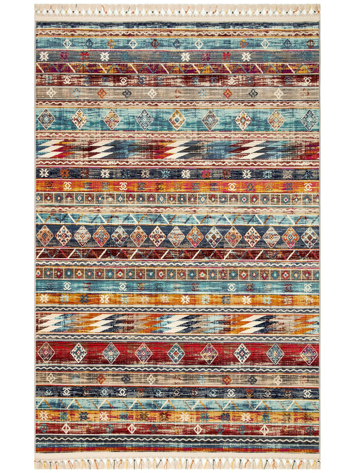 Nil Series Ethnic and Modern Patterned Colorful Fringed Living Room Kitchen Carpet 03 MULTY