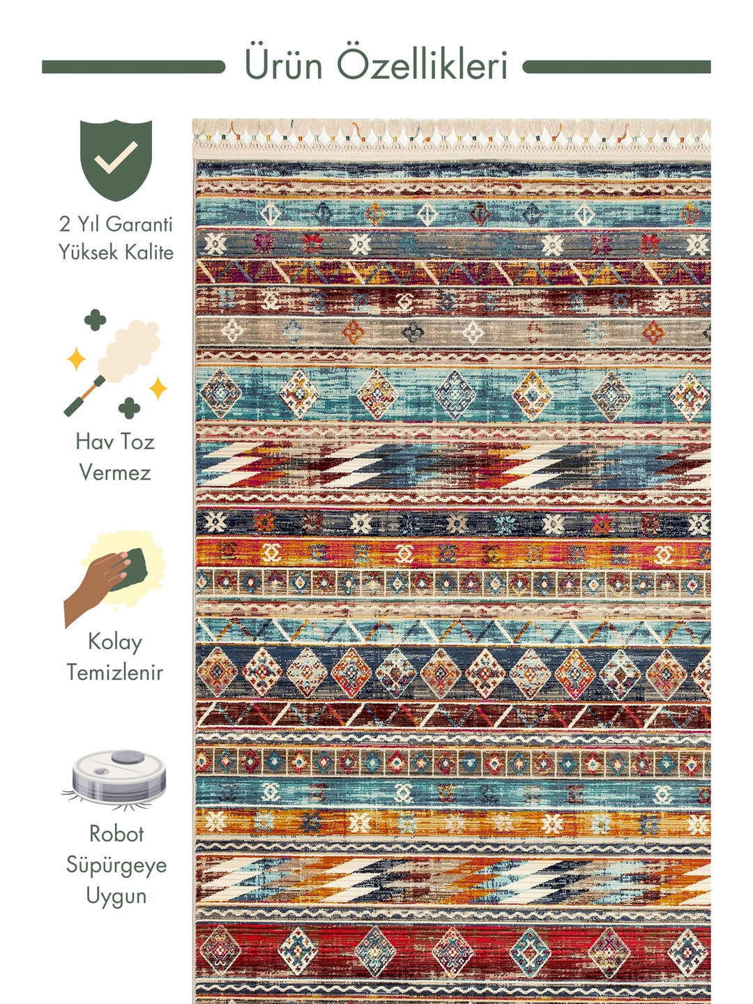 Nil Series Ethnic and Modern Patterned Colorful Fringed Living Room Kitchen Carpet 03 MULTY