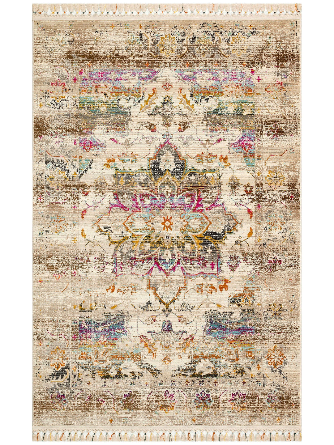 Nil Series Ethnic and Modern Patterned Colorful Fringed Living Room Kitchen Carpet 06 MULTY