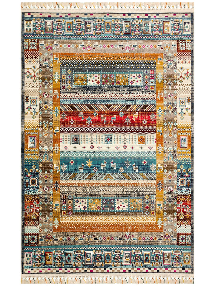 Nil Series Ethnic and Modern Patterned Colorful Fringed Living Room Kitchen Carpet 09 MULTY