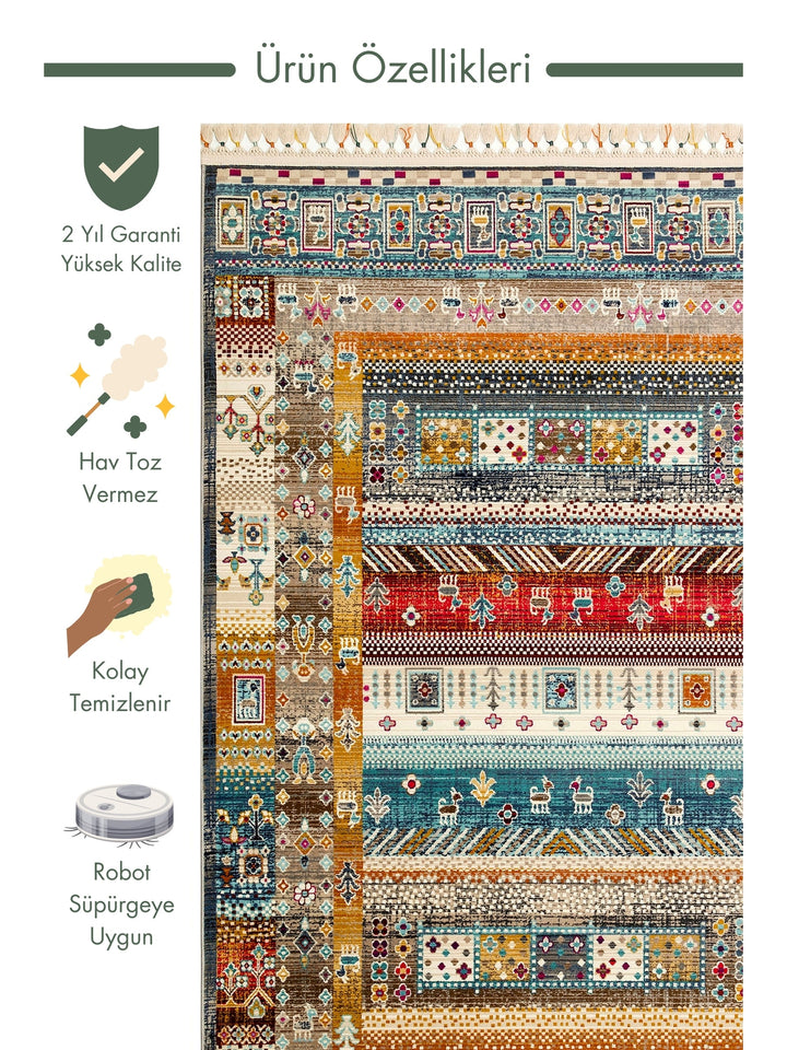 Nil Series Ethnic and Modern Patterned Colorful Fringed Living Room Kitchen Carpet 09 MULTY