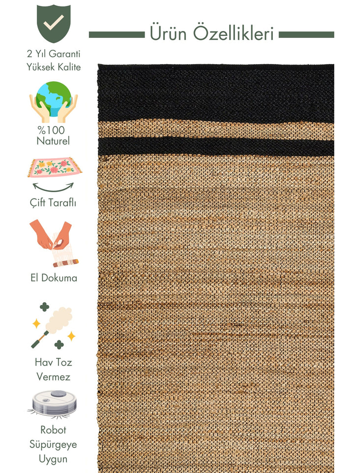 Crown Jute 100% Natural Hand Woven Living Room Corridor Entrance Kitchen Balcony Wicker Carpet 07 NATURAL BLAC