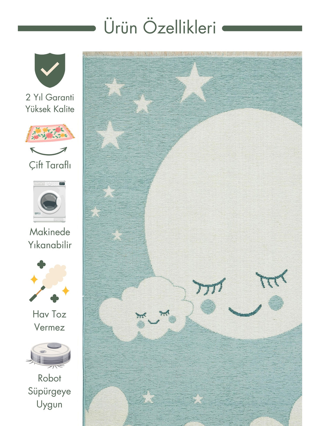 Baby Moon Cotton Washable Double-Sided Soft Textured Thin Children's Baby Room Carpet 02 BLUE