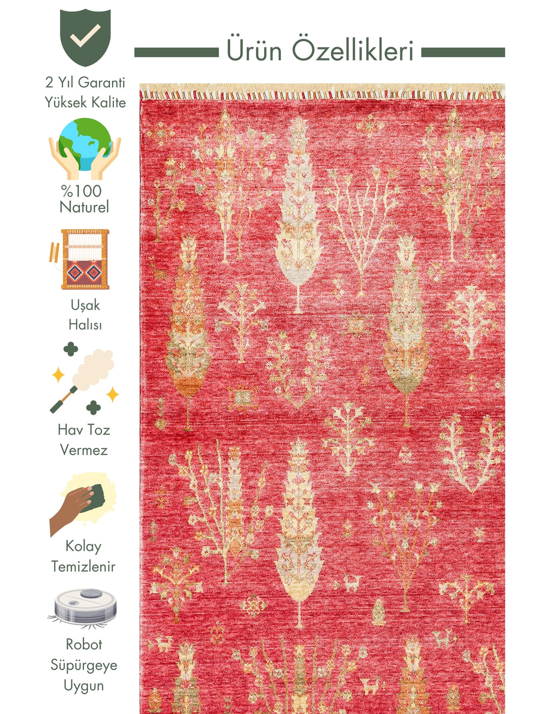 Oushak Carnaval 100% Natural Easy to Clean Handmade Tencel Modern Uşak Carpet 08 RED