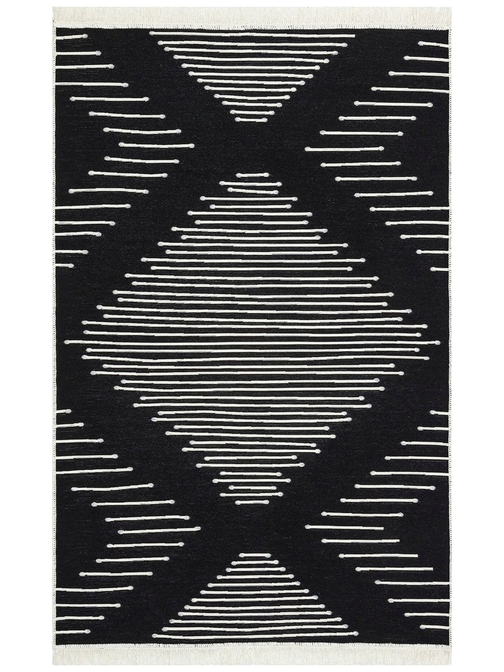 Maya 100% Natural Cotton Washable Double Sided Living Room Kitchen Hallway Modern Rug 15 BLACK