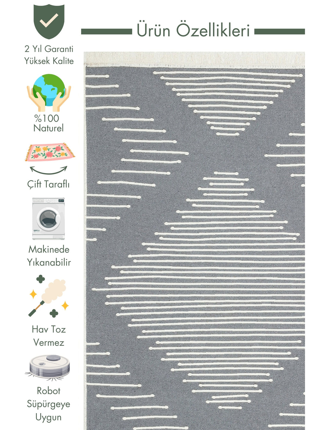 Maya 100% Natural Cotton Washable Double-Sided Living Room Kitchen Hallway Modern Rug 15 GREY