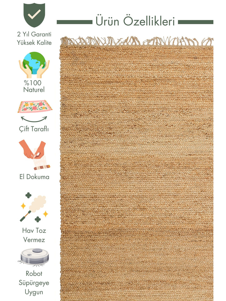 Crown Jute %100 Natural Hand Woven Living Room Corridor Entrance Kitchen Balcony Wicker Carpet 02 NATURAL XW