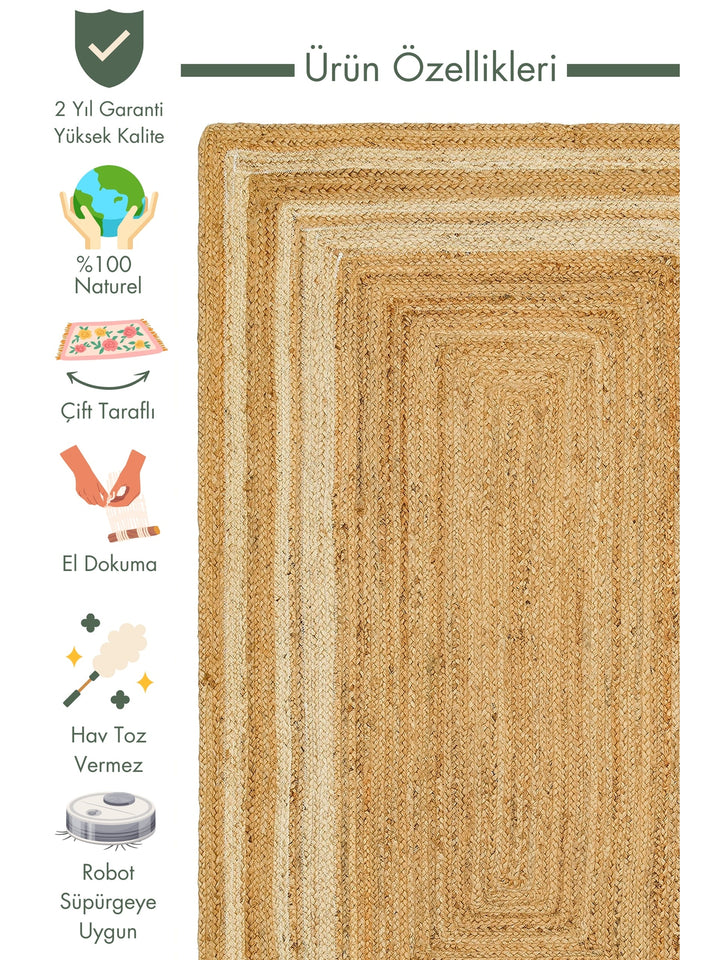 Crown Jute 100% Natural Hand Woven Living Room Corridor Entrance Kitchen Balcony Wicker Carpet 10 NATURALWHIXW