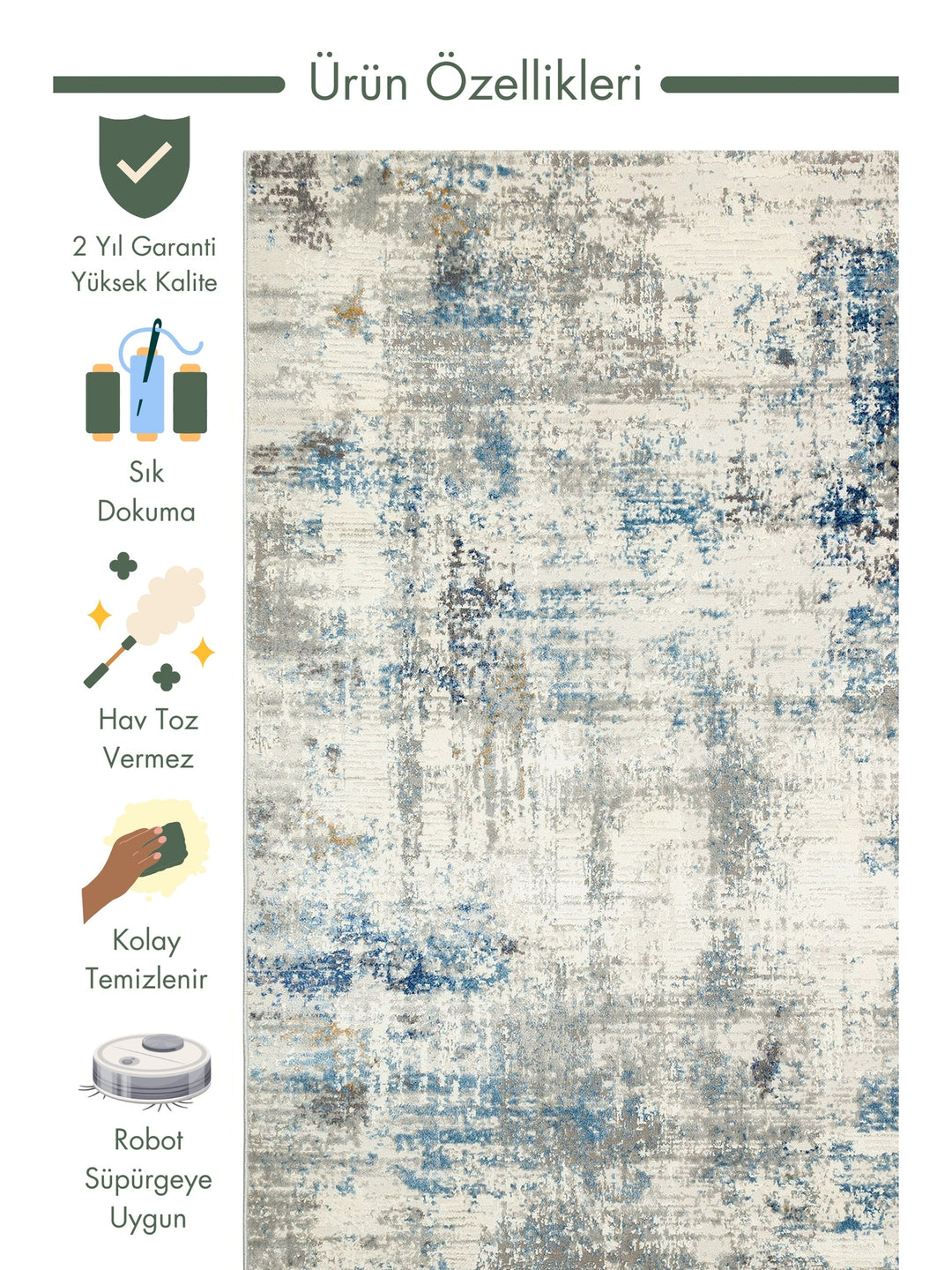 Pasific Serisi Eskitme Desenli Salon Oturma Odası Koridor Antre Modern Halı 09 CREAM BLUE