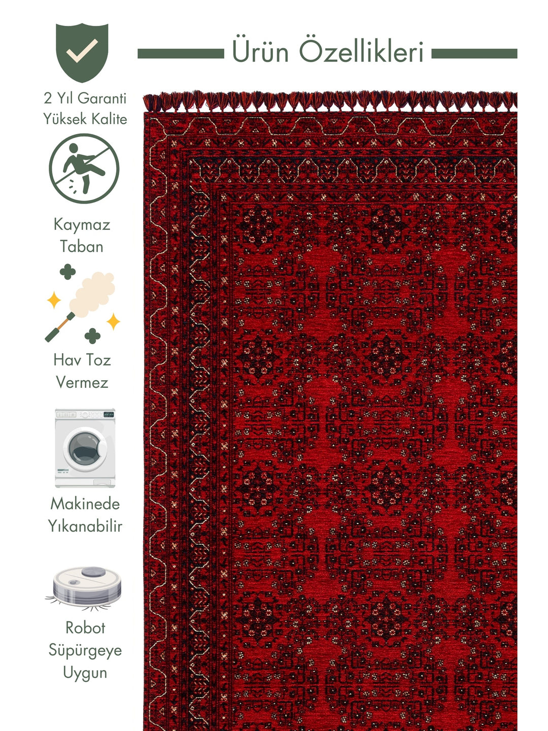 Uyghur Afghan Yagcibedir Patterned Washable Non-Slip Living Room Hall Hallway Fine Woven Carpet 02 RED