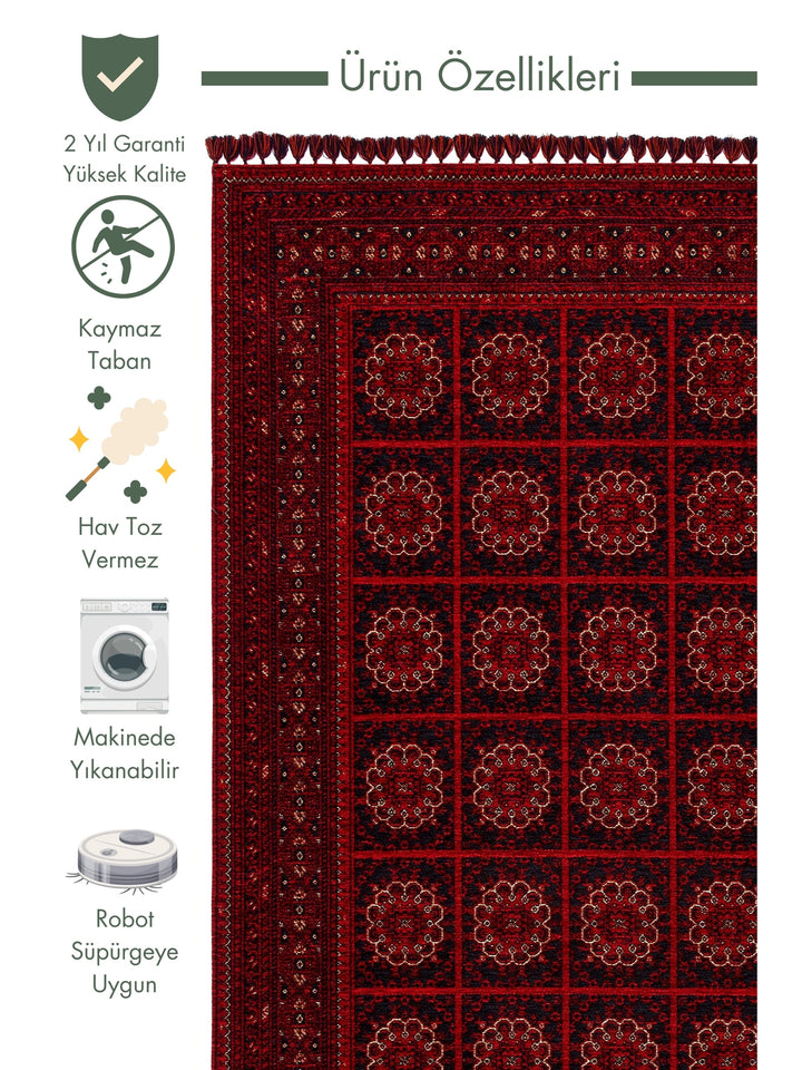 Uyghur Afghan Yagcibedir Patterned Washable Non-Slip Living Room Hall Hallway Fine Woven Carpet 03 RED