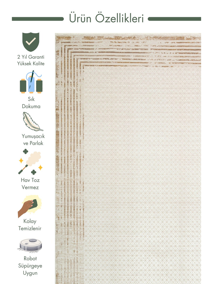 Mumbai Series Art Deco Patterned High Quality Tight Woven Shiny Living Room Carpet 01 CREAM GOLD