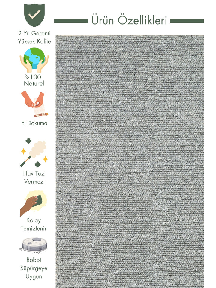 Woolstar 100% Natural Sweater Patterned Living Room Living Room Corridor Entrance Hand Woven Knitted Carpet GREY