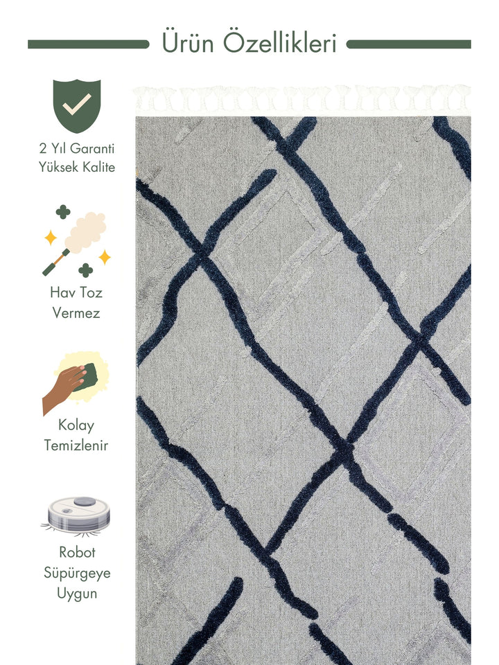 Tabasco Series Ethnic Patterned Living Room Hall Hallway Modern Scandinavian Carpet TAB 03 GREY NAVY