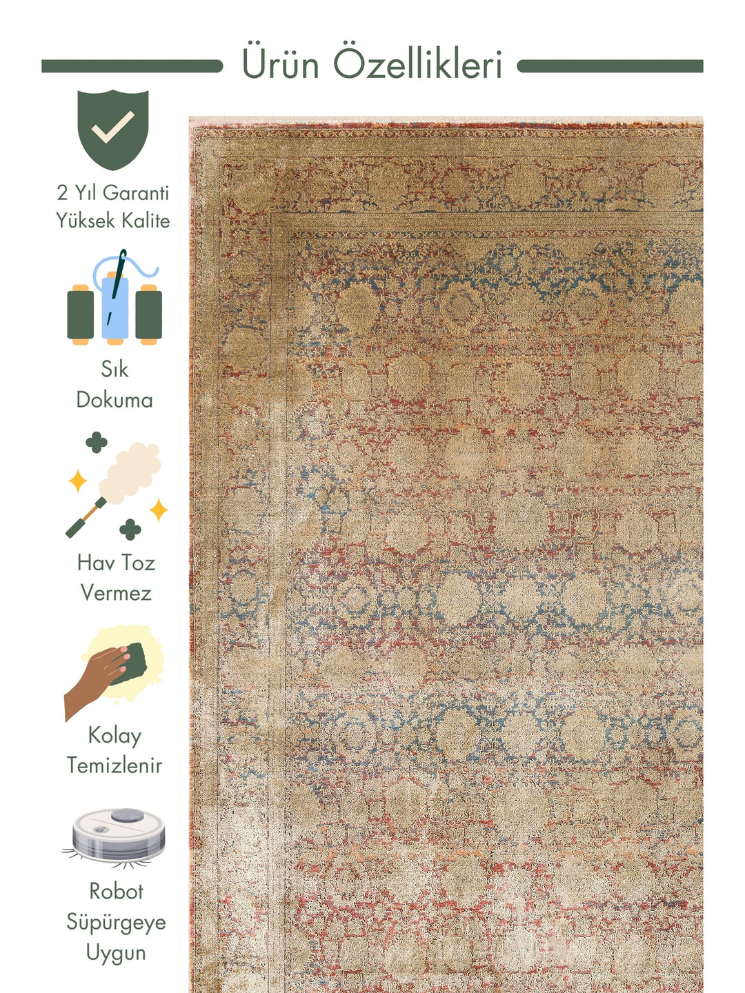 Kashmir Series Rich Colored Stylish Living Room Carpet Produced with Special Dyeing Process 01 ANTIK GOLD