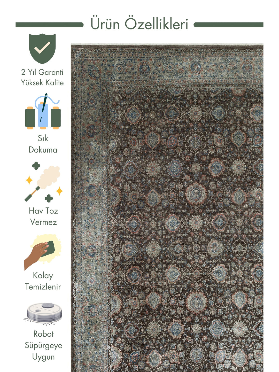 Kashmir Series Rich Colored Stylish Living Room Carpet Produced with Special Dyeing Process 01 PETROL